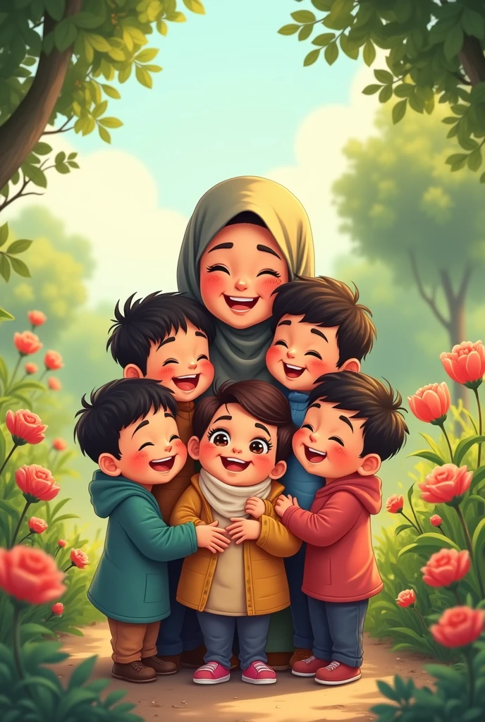 Carroon ilustrated of cute mama , wearing hijab, with boy age 10, boy age 7 , boy age 4, baby girl age 1. Hug, laugh, smile, joy, garden flower
