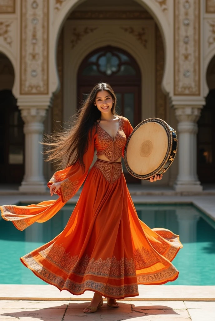 A full-body shot of a beautiful, partially covered Iranian woman with long hair dancing rhythmically while playing a daf, a traditional Persian frame drum, above her head. She looks at the camera and smiles. The daf is a circular, flat drum with rattles on the sides and is held by the woman's hands. The woman holds the daf with one hand while striking the daf with the other. The woman is wearing colorful local clothing. In the background is an elegant ornamental pool surrounded by intricate Persian architecture symbolizing traditional design elements.