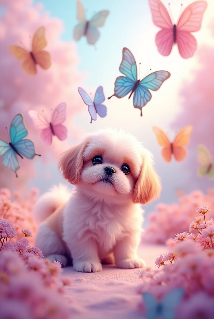 Cute pink shih tzu puppy with butterflies on a pastel colored background