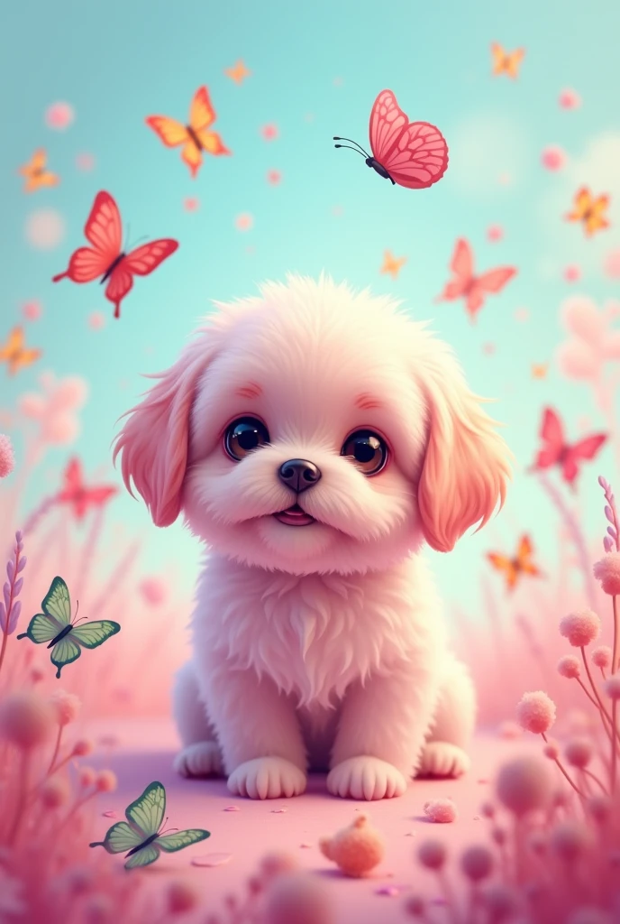 Cute pink shih tzu puppy with butterflies on a pastel colored background