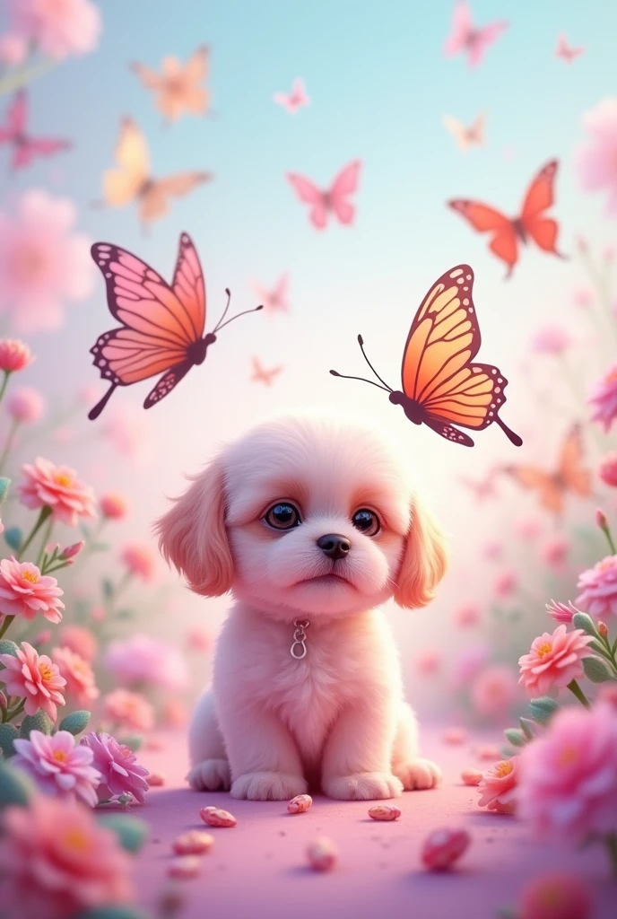 Cute pink shih tzu puppy with butterflies on a pastel colored background