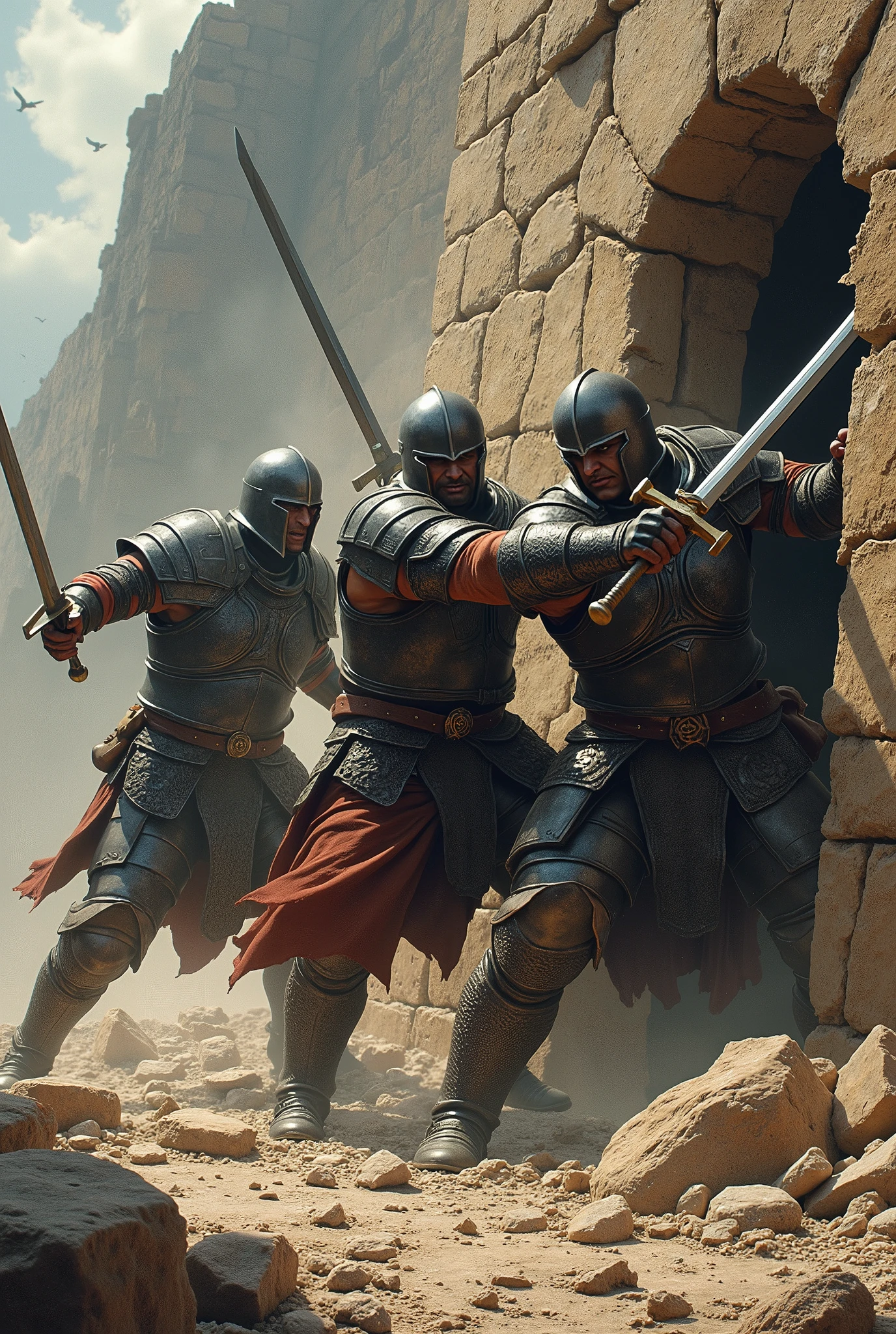 three warriors, holding sword, breaking the wall
