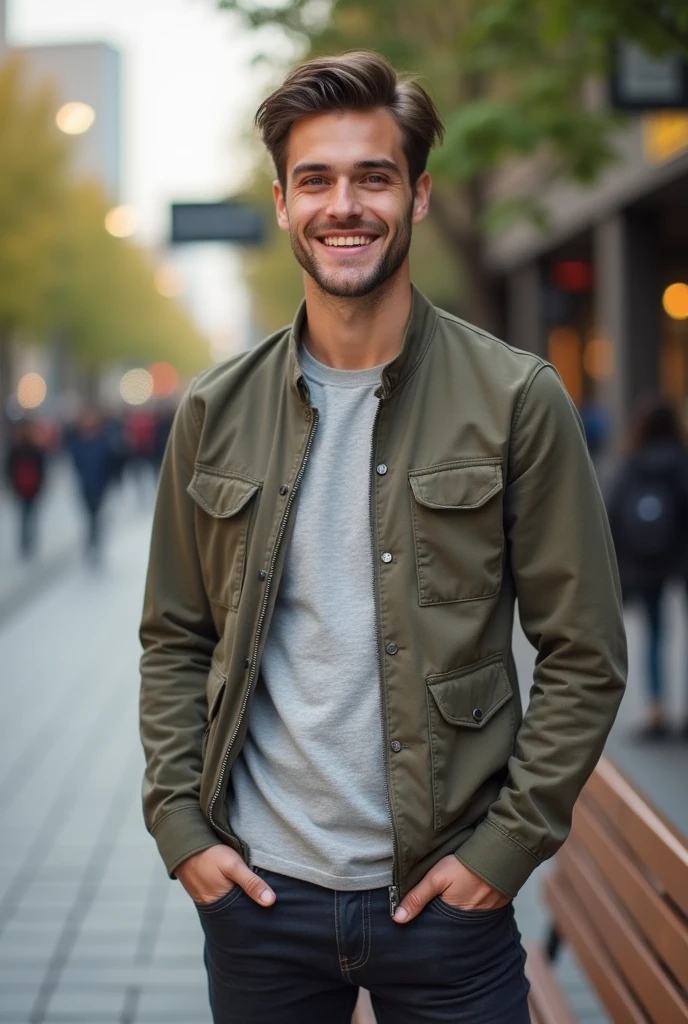 Young man standing on a bench smiling . Detail 4k. Man from front.