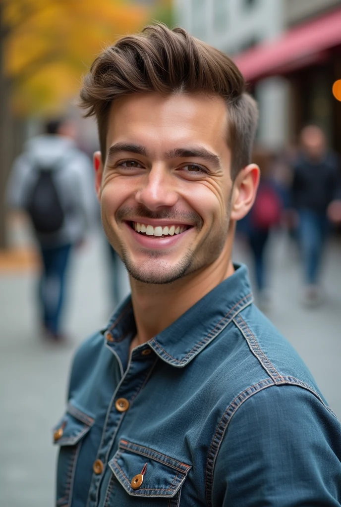 Young man standing on a bench smiling . Detail 4k. Man from front.