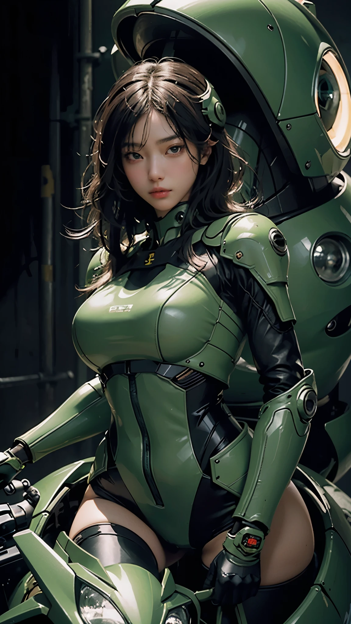 Highest image quality, outstanding details, ultra-high resolution, (realism: 1.4), the best illustration, favor details, highly condensed 1girl, with a delicate and beautiful face, dressed in a black and green mecha, wearing a mecha helmet, holding a directional controller, riding on a motorcycle, the background is a high-tech lighting scene of the future city.
