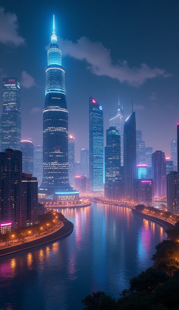 Design: A panoramic view of a city at night, with tall skyscrapers lit up in vibrant colors. The lights from the buildings reflect off a calm river below, creating a shimmering, mirror-like effect. The sky is dark, with a few scattered clouds illuminated by the city’s glow, evoking a sense of serenity and urban beauty.