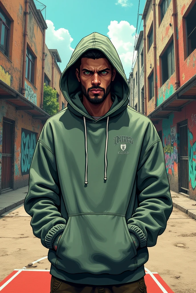 Slum dunk art style a white men with green eyes some facial hair wearing a hoodie