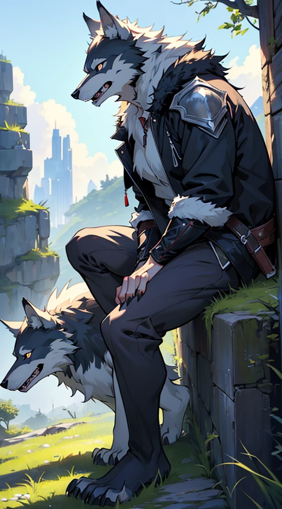 (best quality, 4K, 8k, high resolution, masterpiece:1.2), wolf monster, 짧은 다리를 가진 털복숭이 wolf monster, Side pose, full body pose, Outdoor Lighting, vertical lighting, nature background, Lunch hour, large claws on front feet, Gaze angle at shoulder height, meadow background,