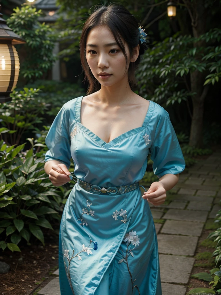a asian woman, graceful face. as the fairy. high details clothes, flying around at enchanting garden while her hand carrying a lantern emitting blues hue. dreamlike, Very detailed, ornate detail, Ukiyo-e, Anatomically Correct,
