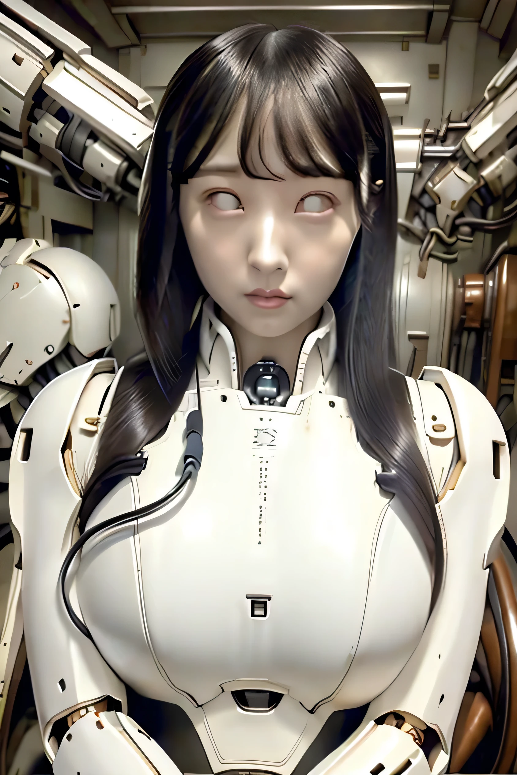 masterpiece, best quality, extremely detailed, Japaese android girl,portrait,Plump,a bit chubby,control panels,android,Droid,Mechanical Hand, Robot arms and legs, Black hair,Blunt bangs,perfect robot girl,long tube,thick cable connected her neck,android,robot,humanoid,cyborg,japanese cyborg girl ,robot-assembly plant,She is assembling now,assembly scene,white eyes,chest monitor,office-lady