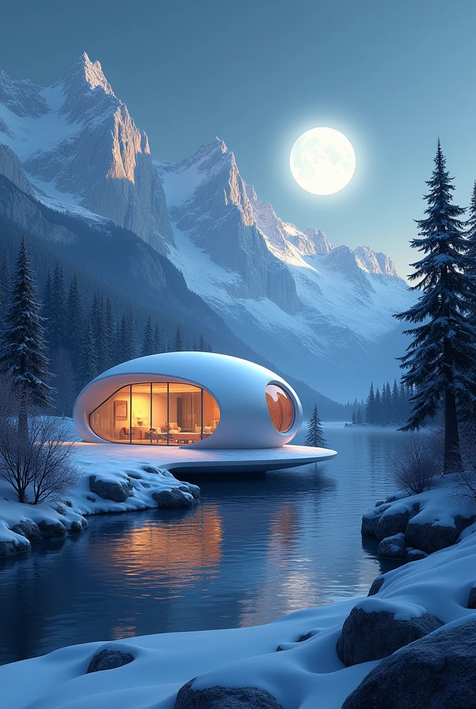 A house beside a river surrounded by snowy mountains and modern look sphere shape of house night time moon reflection on the river made by adobe illustrator more more more unrealistic remove background