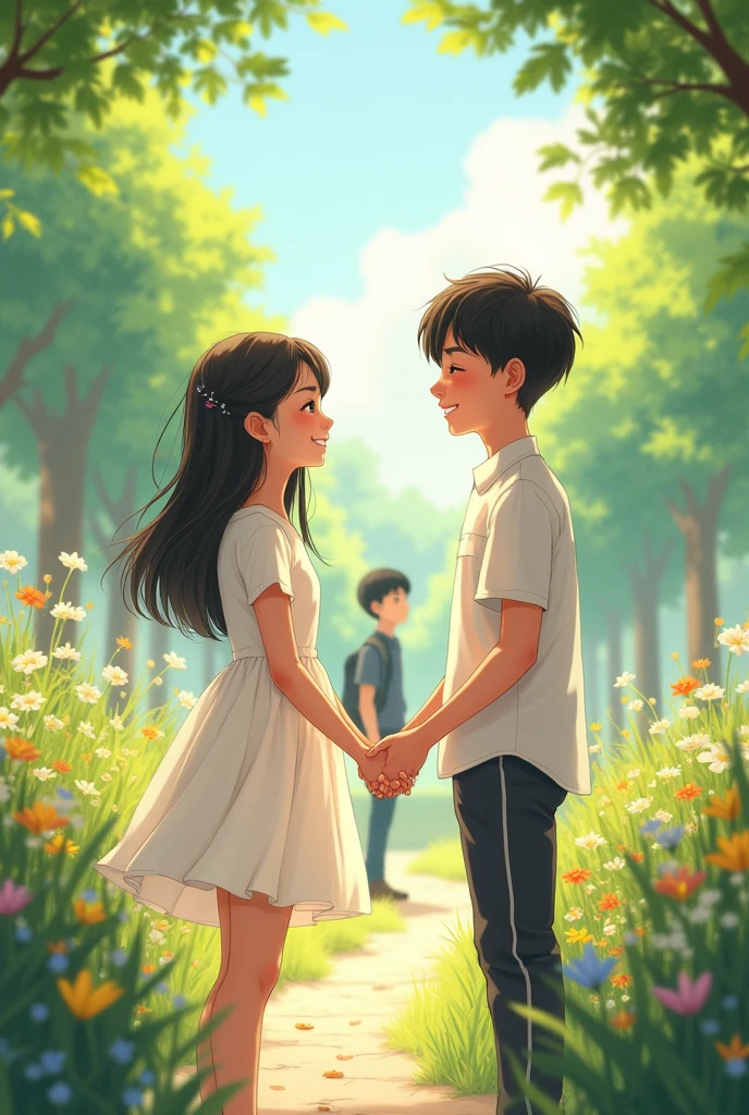 A girl in a white dress holding hands with a boy in a white shirt, There was a guy in a black shirt standing watching from afar.. Drawings based on Chinese manhua. Scenery in the grasslands, school garden youth