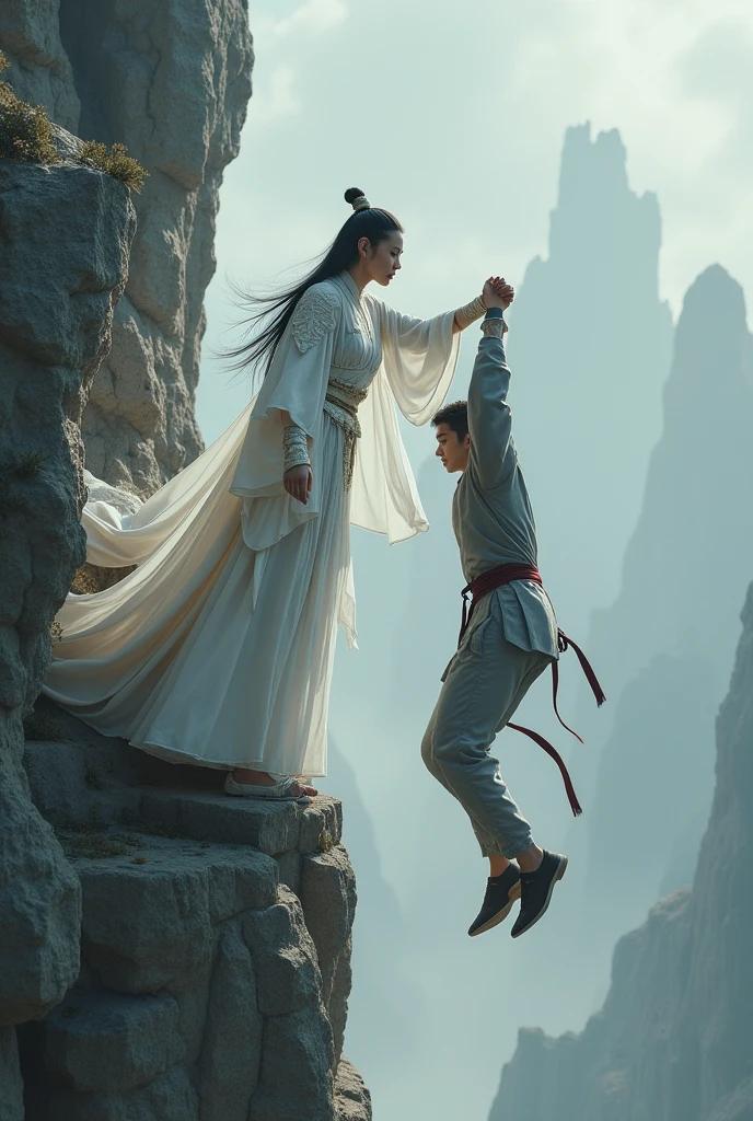 A female warrior in full Tang Dynasty regalia, in white, holding hands with a gray young man hanging from a cliff face, realistically portrayed by a real person.
