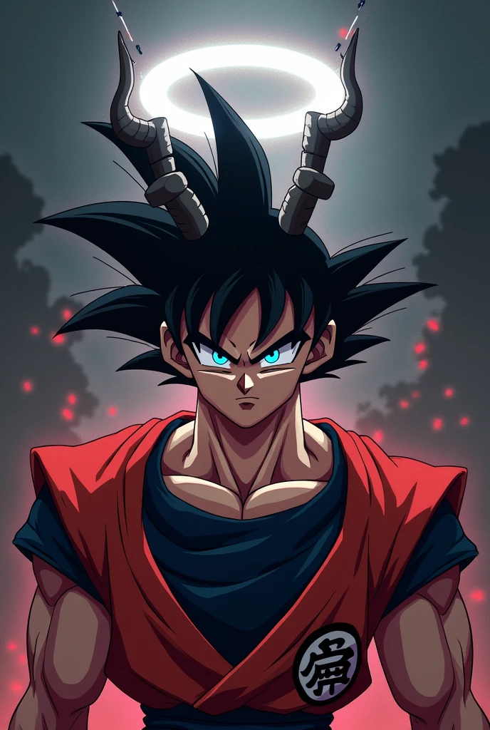 Goku demon with horns and an angel crown but in anime with black and red clothes and his eyes are black in the middle of blue 