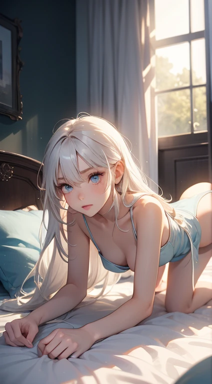 1_girl, Long white hair, Blue Eyes, Small breasts, Sexy pose wearing white, cushion, Lots of light, On all fours、Covered by a man&#39;s body、White liquid on the face、Pose of jumping on man&#39;s face、Stick your butt out、I can see the nipples、Close to you、I&#39;ll grab you and bite you、It says &quot;meow&quot;