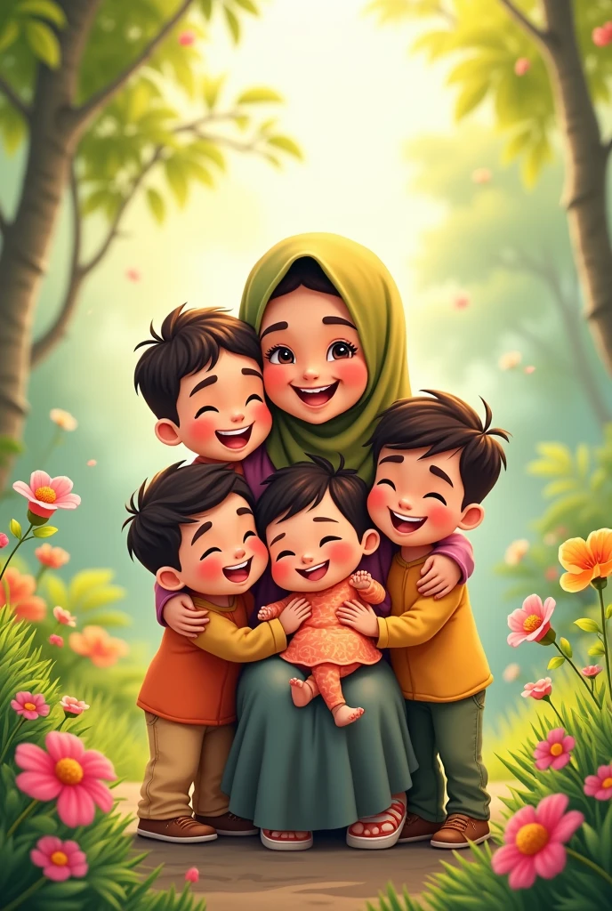 Carroon ilustrated of cute mama , wearing hijab, with boy , boy age 7 oy age 4, bagirl ag Hug, laugsmile, joy, garden flower 