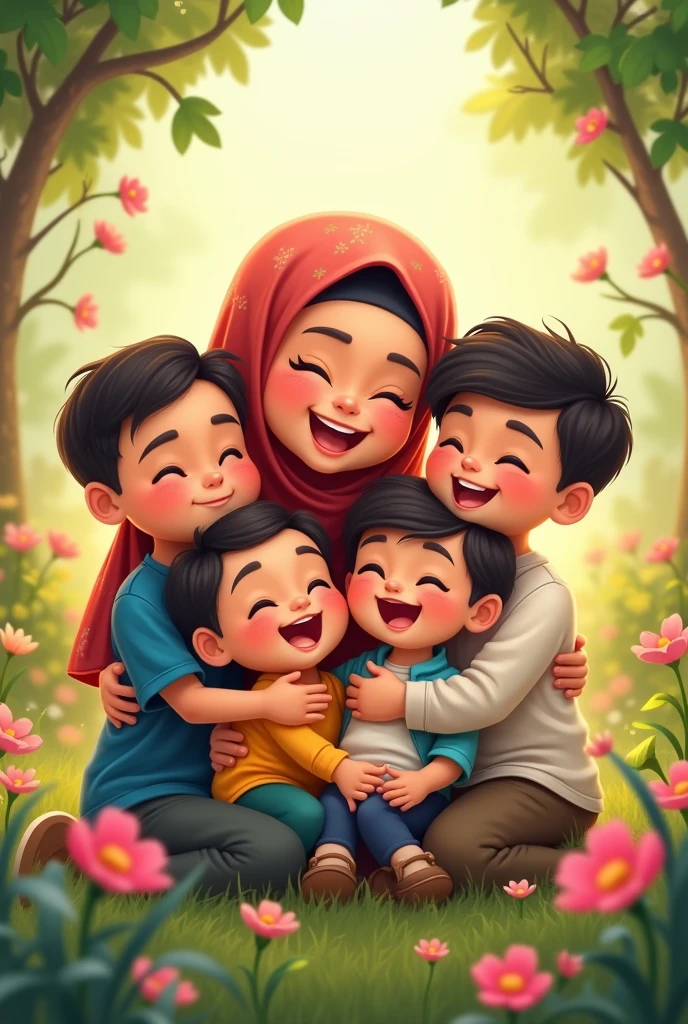 Carroon ilustrated of cute mama , wearing hijab, with boy age 10, boy age 7 , boy age 4, baby girl age 1. Hug, laugh, smile, joy, garden flower