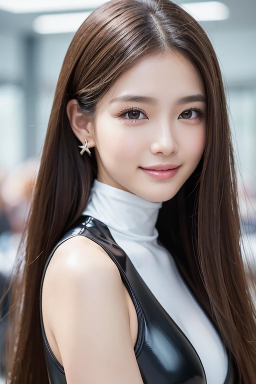 Latex bodysuit、Knee-high boots、Huge 、Long brown hair、Shiny, Oily skin、Glowing Skin、Indoor competition pool、White skin、Flying debris, Highest quality, Realistic, Very detailed, finely, High resolution, 8K デンデ wallpaper, One beautiful woman,, Light brown messy hair, Wear a business suit, Sharp focus, Perfect dynamic composition, Beautiful and detailed, Detailed Hair, Detailed Realistic skin texture, smile, Close-up portrait, Model body type