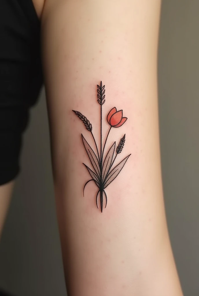 A small tattoo on the arm with:
-a bow and arrow -a sprig of wheat and tulip -scorpion