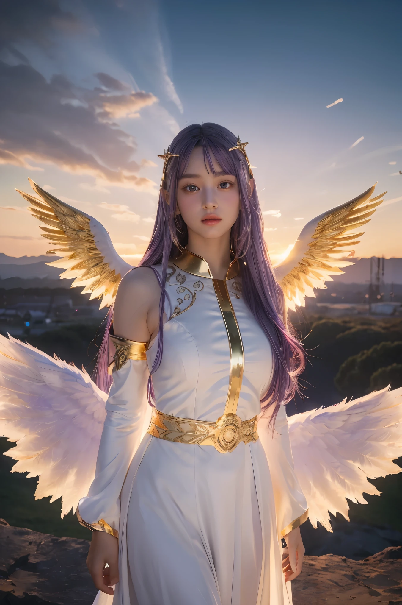 ((Masterpiece, best quality, very detailed), Volumetric light, surrounding occlusion, colorful, glow), 
1 girl, alone, young girl, (purple hair), long hair, radius, Aura, sacred, goddess, Priest Uniform, (White dress with gold details:1.3), angel wings,
outdoor, sunset, sky, cloud, space, (Fantasy Theme:1.2),