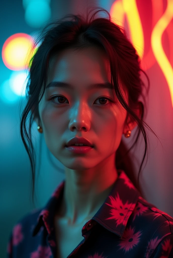 Request a picture of an Asian woman wearing small earrings, with blurred lights in the background, dark colored shirt with many colors, tie-dye pattern.