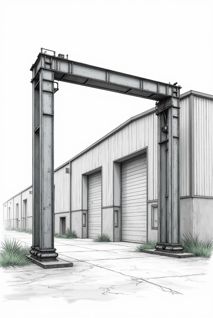 Sketch of the steel frame in front of the warehouse using I-shaped steel with a height of 7 meters and a width of 16 meters.