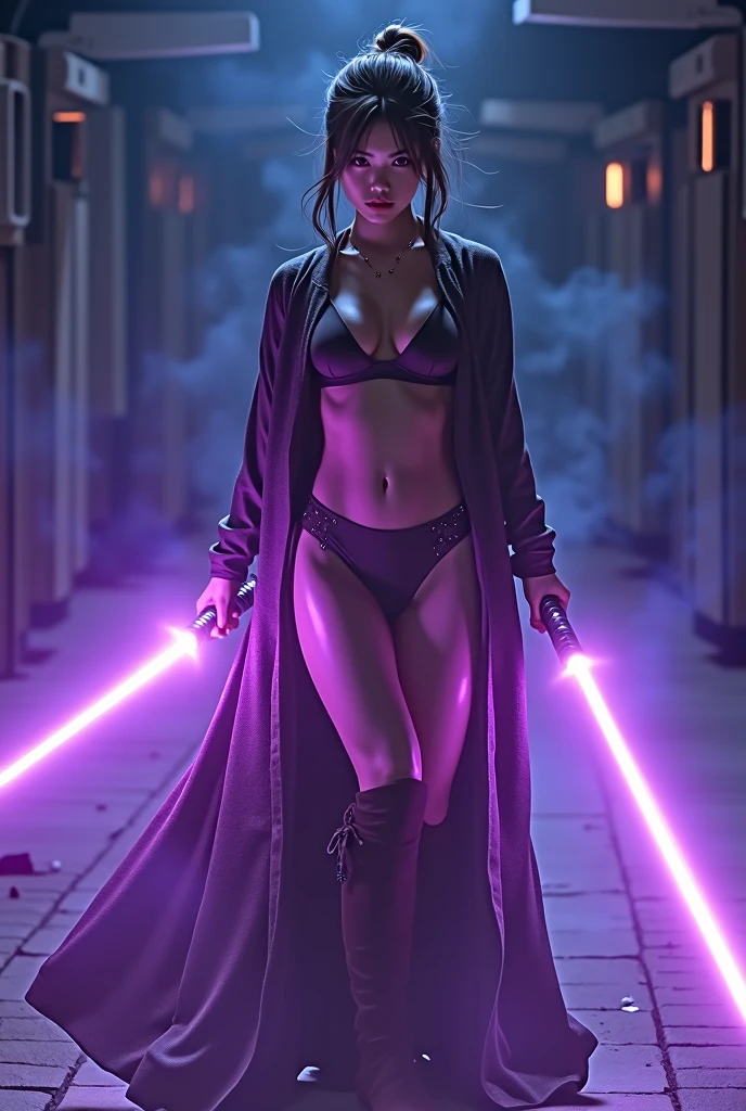 masterpiece of fantasy photography, a japanese jedi girl 22yrs wear bikini two piece cover by long clothes, holding violet light saber, dynamic stance pose, universe star force power background, high detail, sharpness, photorealism