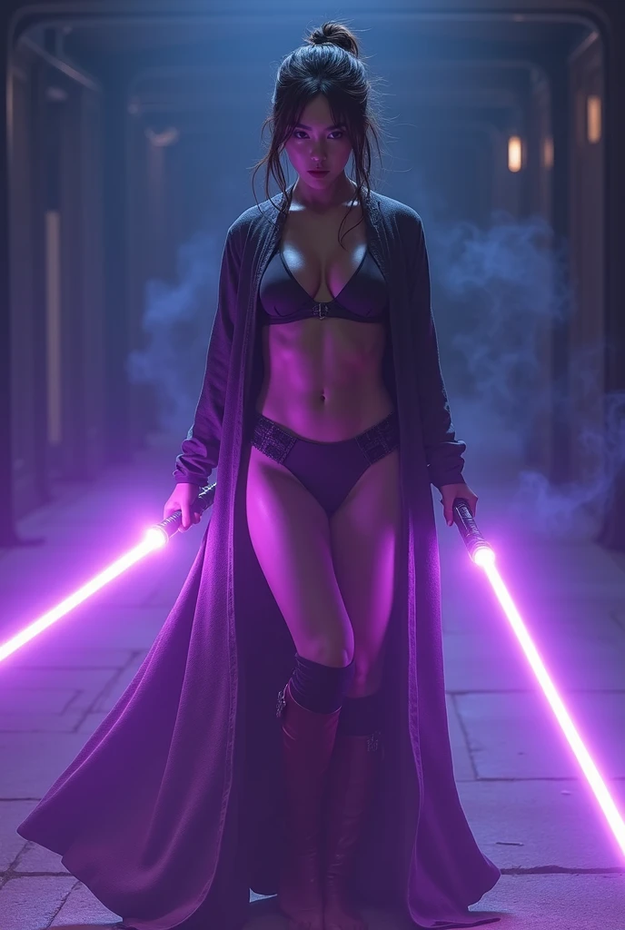 masterpiece of fantasy photography, a japanese jedi girl 22yrs wear bikini two piece cover by long clothes, holding violet light saber, dynamic stance pose, universe star force power background, high detail, sharpness, photorealism