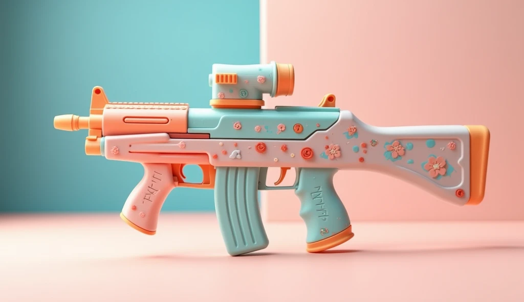 Mini double water gun toy，Integrated rifle mount，Q version，Cute pattern on the surface，Transparent magazine and scope recessed，(Similar structure to AK47)，(Double muzzle:1.3)，Smooth lines，Plastic material，Three-color Morandi color matching，high quality，Professional Product Photography，Table background，3d, OC Rendering，8K，