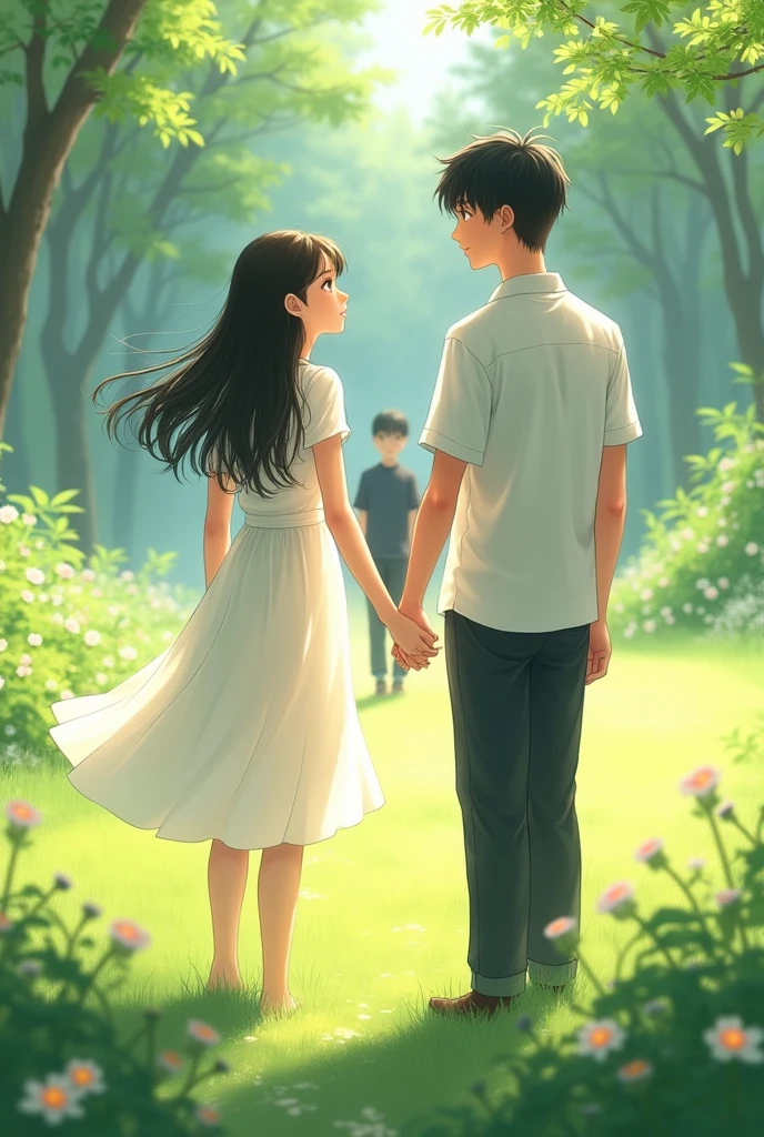 A girl in a white dress holding hands with a boy in a white shirt, There was a guy in a black shirt standing watching from afar.. Drawings based on Chinese mature manhua. Scenery in the grasslands, school garden youth 