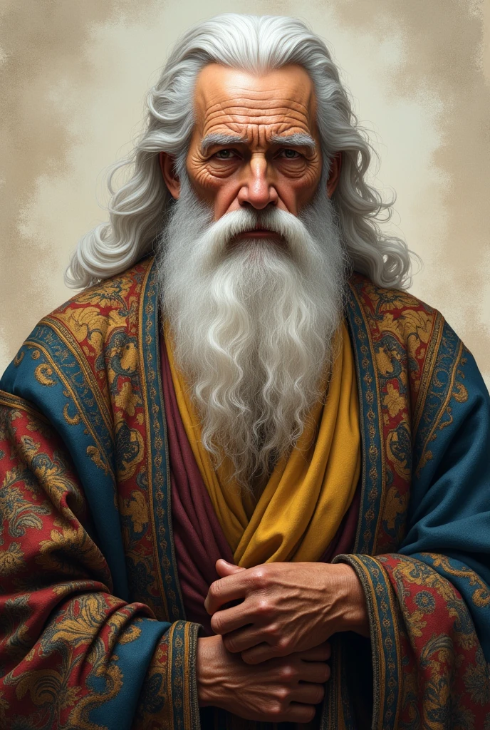 "Create an image of an old man with a thick white beard and full, thick hair. He is facing forward, displaying a wise and serene expression. He is wearing traditional robes that are multicolored, featuring a variety of textures, such as silk, wool, and embroidery. The robes are rich in detail, with patterns that evoke cultural heritage. The background is simple to keep the focus on the man and his intricate attire."