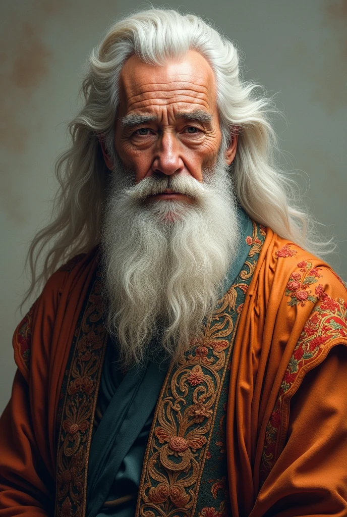 "Create an image of an old man with a thick white beard and full, thick hair. He is facing forward, displaying a wise and serene expression. He is wearing traditional robes that are multicolored, featuring a variety of textures, such as silk, wool, and embroidery. The robes are rich in detail, with patterns that evoke cultural heritage. The background is simple to keep the focus on the man and his intricate attire."