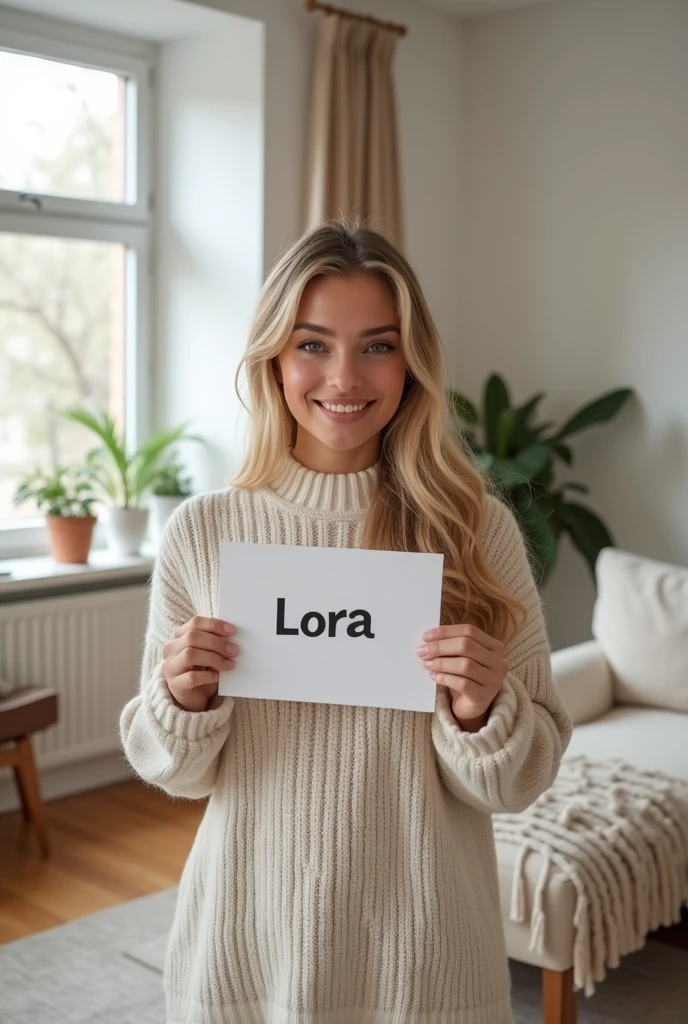 create an influencer,blonde hair,Scandinavian,light eyes,light brown skin,holds up a verification sign that says lora, in her living room