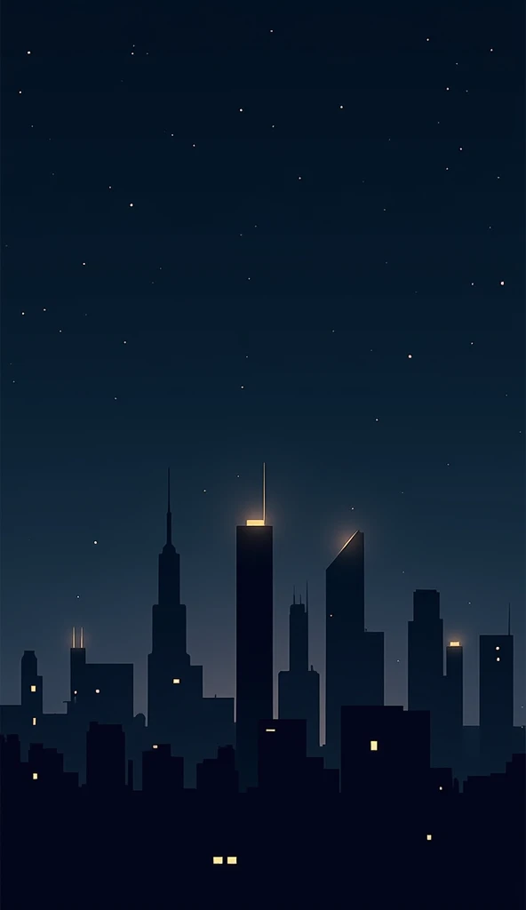 Design: A minimalist silhouette of a city skyline at night, set against a dark sky filled with stars. The buildings are outlined in subtle, glowing lines, and a few windows are softly illuminated. The simplicity of the design emphasizes the grandeur of the city, with a sense of calm and stillness.