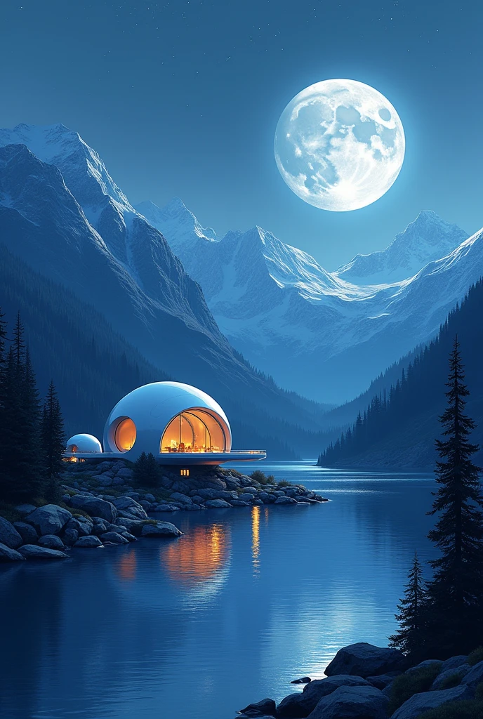 A house beside a river surrounded by snowy mountains and modern look sphere shape of house night time moon reflection on the river made by adobe illustrator more more more unrealistic remove background show only the house