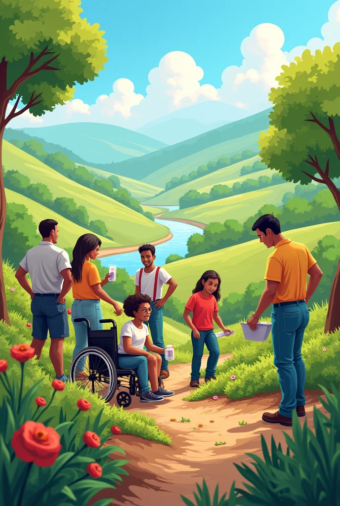 Create a one picture where different types of worker work together. Delhi labour service handicap business and and farmers. In rural area. In one horizontal image so defence types of works. Picture create in 9:16