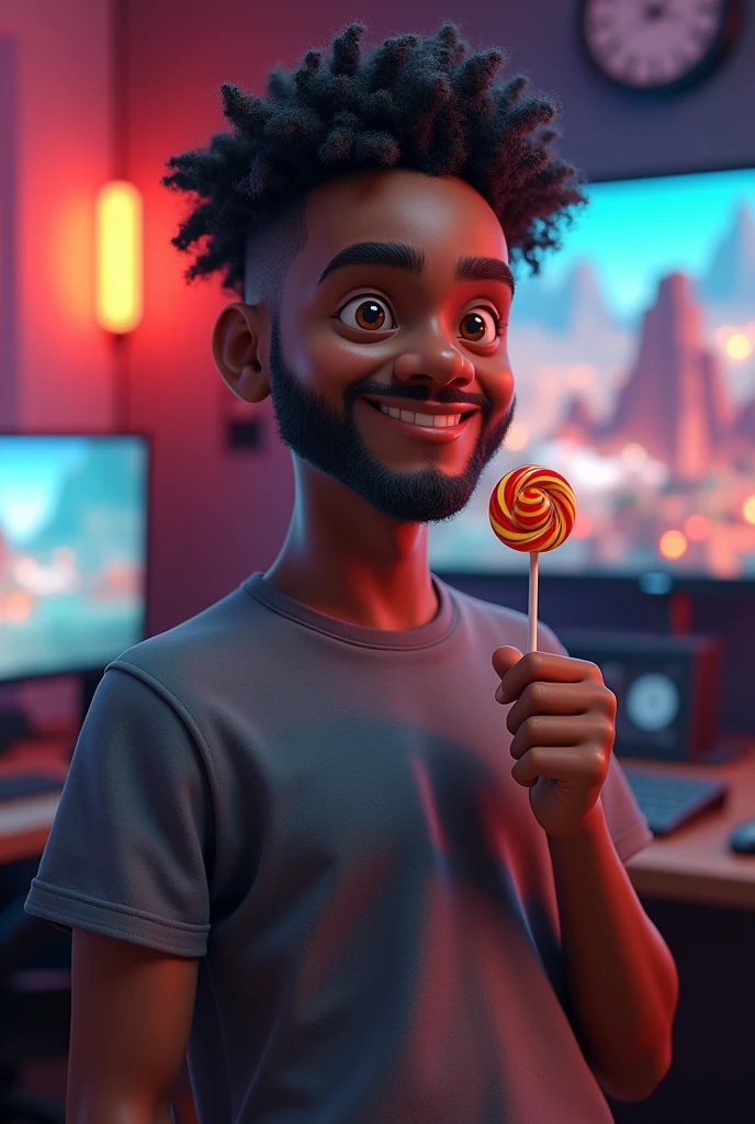 4D image of a black male who is not thin, curly hair is not stylish, eyes browns, clean face, sem beard, Wear casual clothes, t - shirt, standing in the gamer room, right hand holding a lollipop, For large and close-up images. high resolution.
