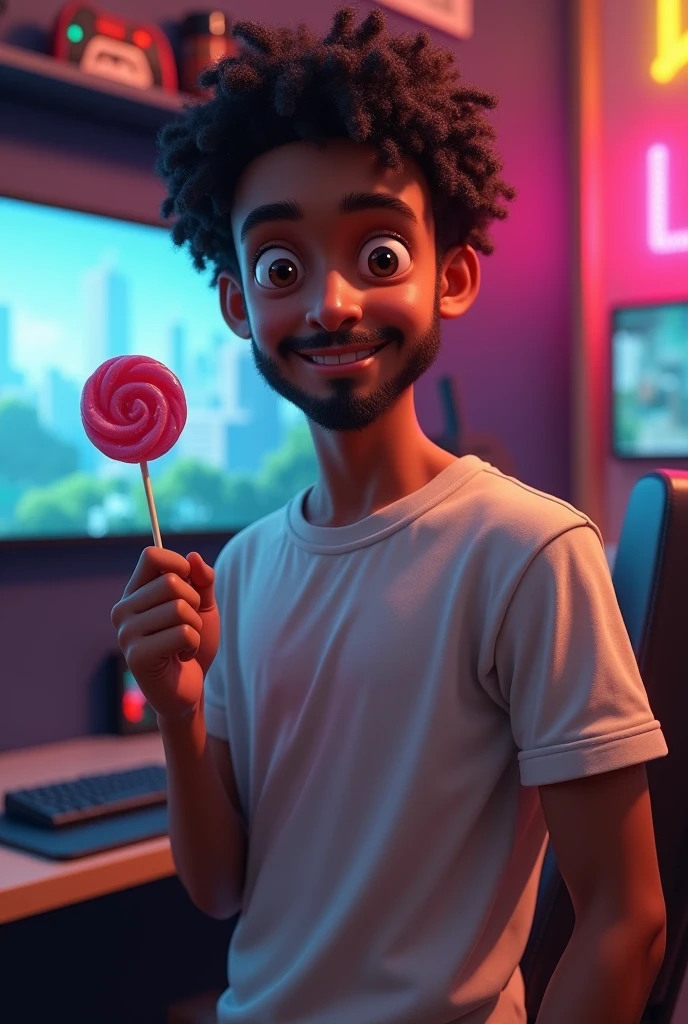 4D image of a  black male who is not thin, curly hair is not stylish, eyes browns, clean  face, sem beard, Wear casual clothes, t - shirt, standing in the gamer room, right hand holding a lollipop, For large and close-up images. high resolution.