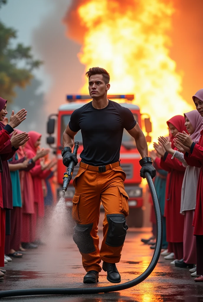 Malaysia guy  2s. Handsome Man wear Blackshirt. Cargo pant orange firefighter jumpsuit wear tight in . Very muscle body. Holding water hose. Shoot the water to many girl hijab colorfull women cheerfull face clapping hand. Firetruck background. Firefighters water hose.