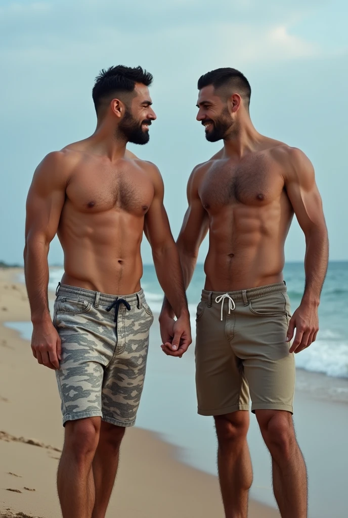 A couple of men on the beach, showing the penis both muscular and hairy