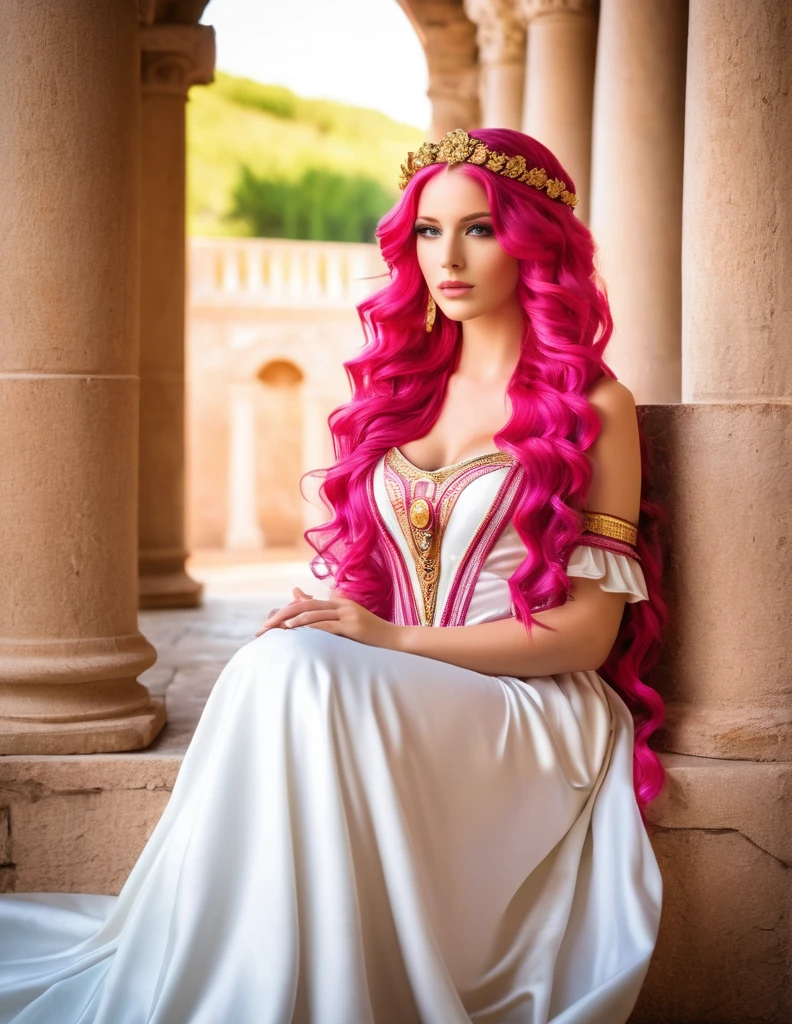 very attractive girl with long wavy bright pink hair, dressed as a Roman noble woman, full length, photo quality