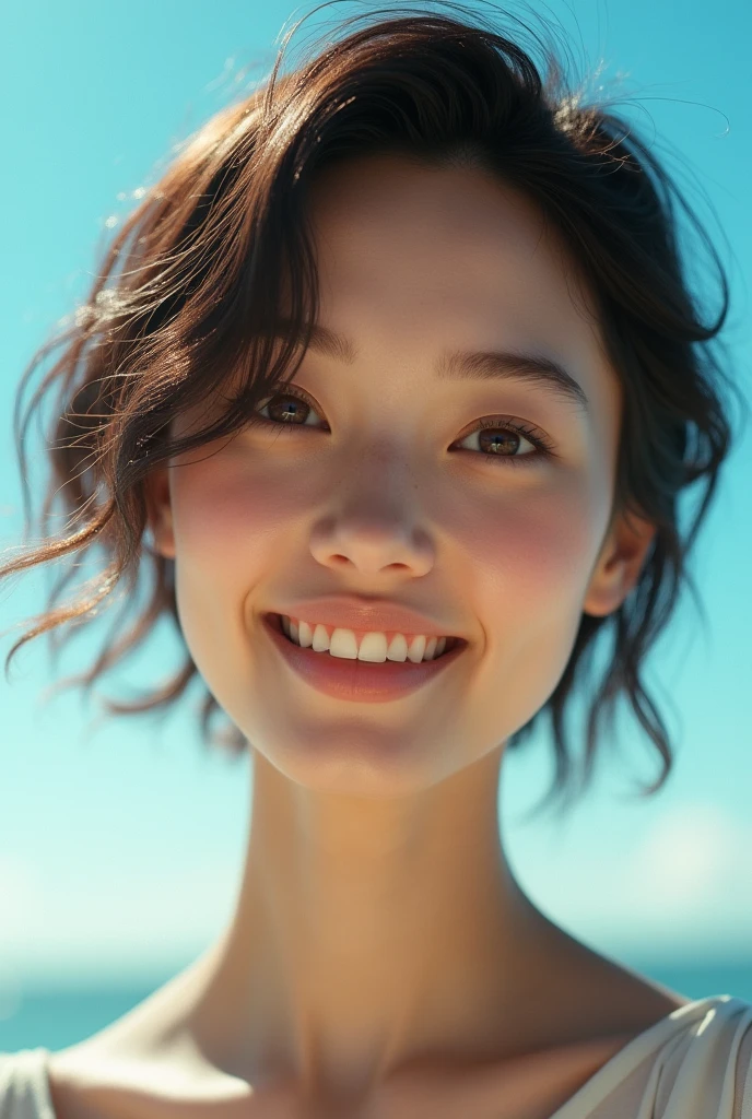 4k Beautiful woman Short hair Smiling Golden ratio Short sleeves Soft natural skin Fujicolor c200 Dreamy closeup of a woman in the blue sky. Bright diffused light.