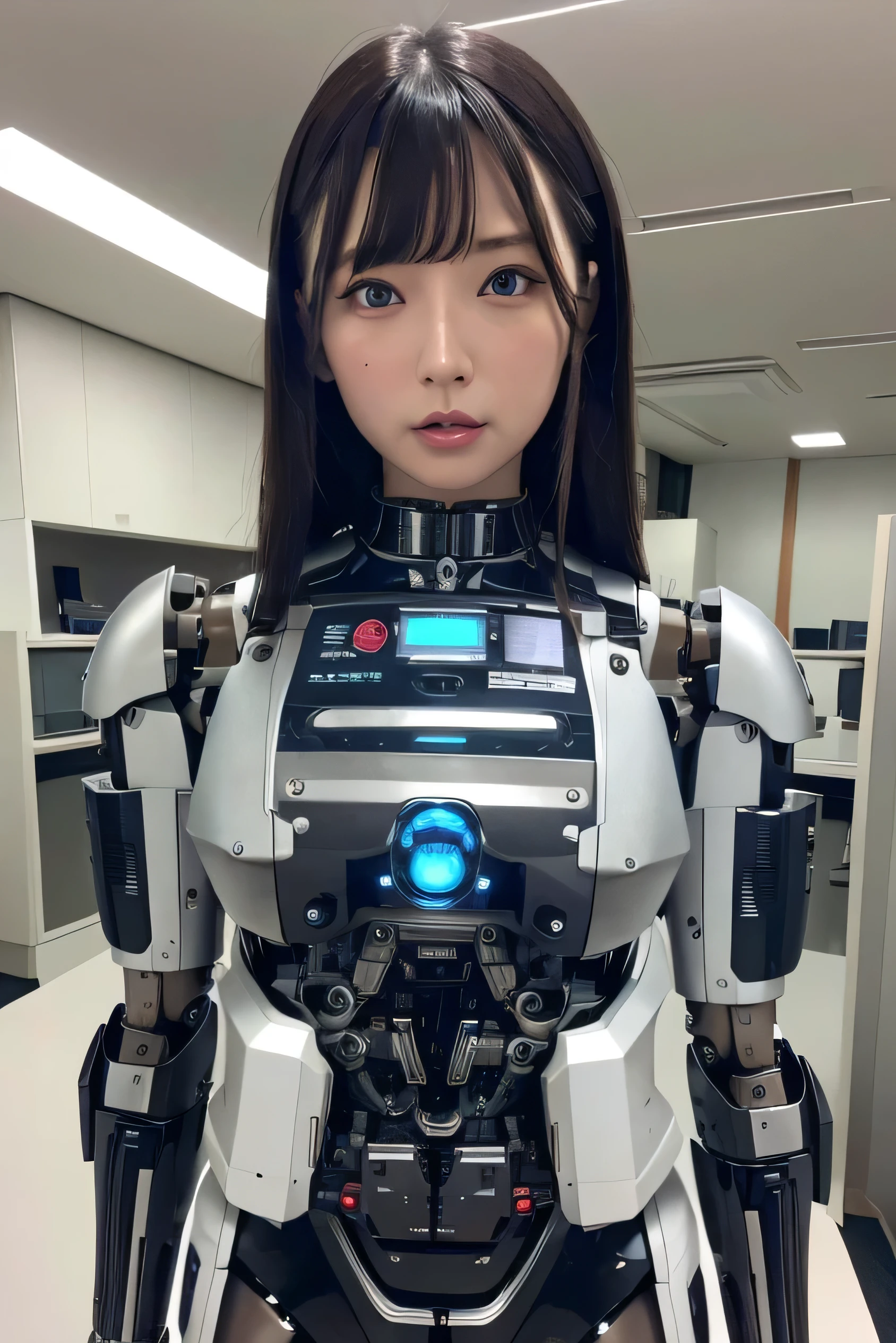 masterpiece, best quality, extremely detailed, Japaese android girl,Plump ,control panels,android,Droid,Mechanical Hand, Robot arms and legs,Blunt bangs,perfect robot girl,long tube,thick cable connected her neck,android,robot,humanoid,cyborg,japanese cyborg girl ,robot-assembly plant,She has assembled now,assembly scene,chest monitor,blue eyes