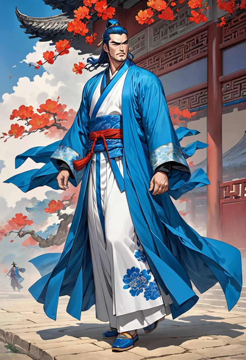 china 전통 의상, blue clothes, china, Three Kingdoms Jojo, Long robe, middle aged man, Full body exposed, Looking to the side, Don't turn your head, Only one person comes out, Monochromatic clothes
