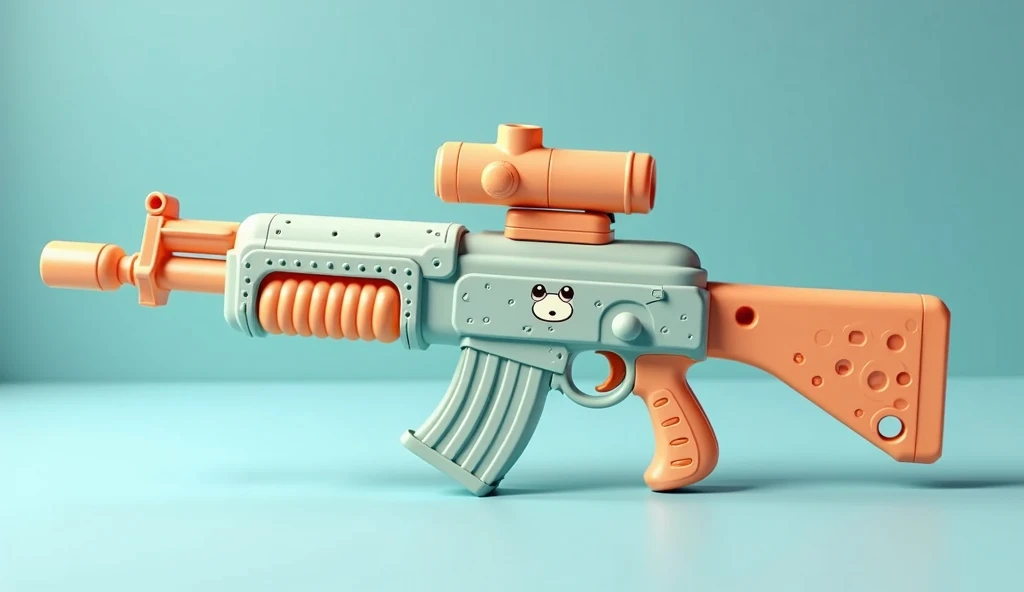 Mini double water gun toy，Integrated rifle mount，Q version，Cute pattern on the surface，Transparent magazine and scope recessed，(Similar structure to AK47)，(Double muzzle:1.3)，Smooth lines，Plastic material，Three-color Morandi color matching，high quality，Professional Product Photography，Table background，3d, OC Rendering，8K，