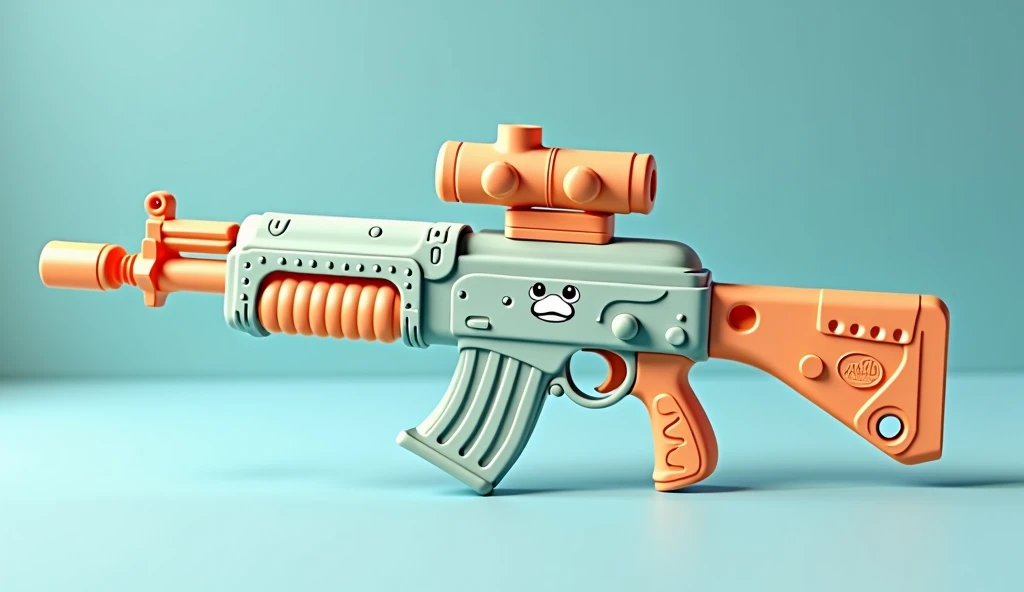 Mini double water gun toy,Integrated rifle mount,Q version,Cute pattern on the surface,Transparent magazine and scope recessed,(Similar structure to AK47),(Double muzzle:1.3),Smooth lines,Plastic material,Three-color Morandi color matching,high quality,Professional Product Photography,Table background,3d, OC Rendering,8K,