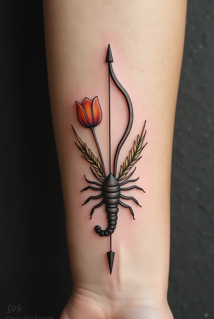 A small tattoo on the arm with:
-a bow and arrow -a sprig of wheat and tulip -a scorpion