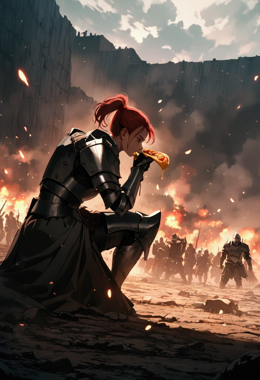 Iron armour knight , red ponytail from head , female , on the knees , hand raised holding taco , taco flags fluttering, battlefield
