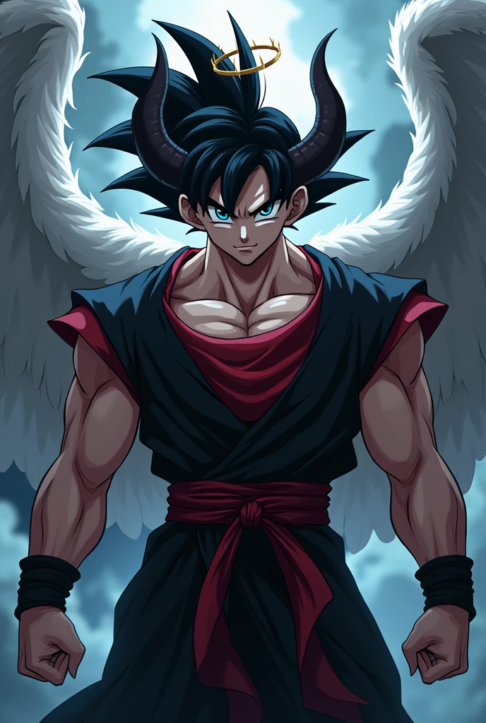 Goku demon with horns and an angel crown but in anime and his clothes black and red and his eyes are black and blue