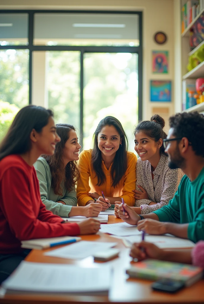 Here's the advertisement image for the Alex language institute, showcasing a vibrant and engaging learning environment with students and teachers. This visual captures the essence of learning Tamil, English, Hindi, and Malayalam.